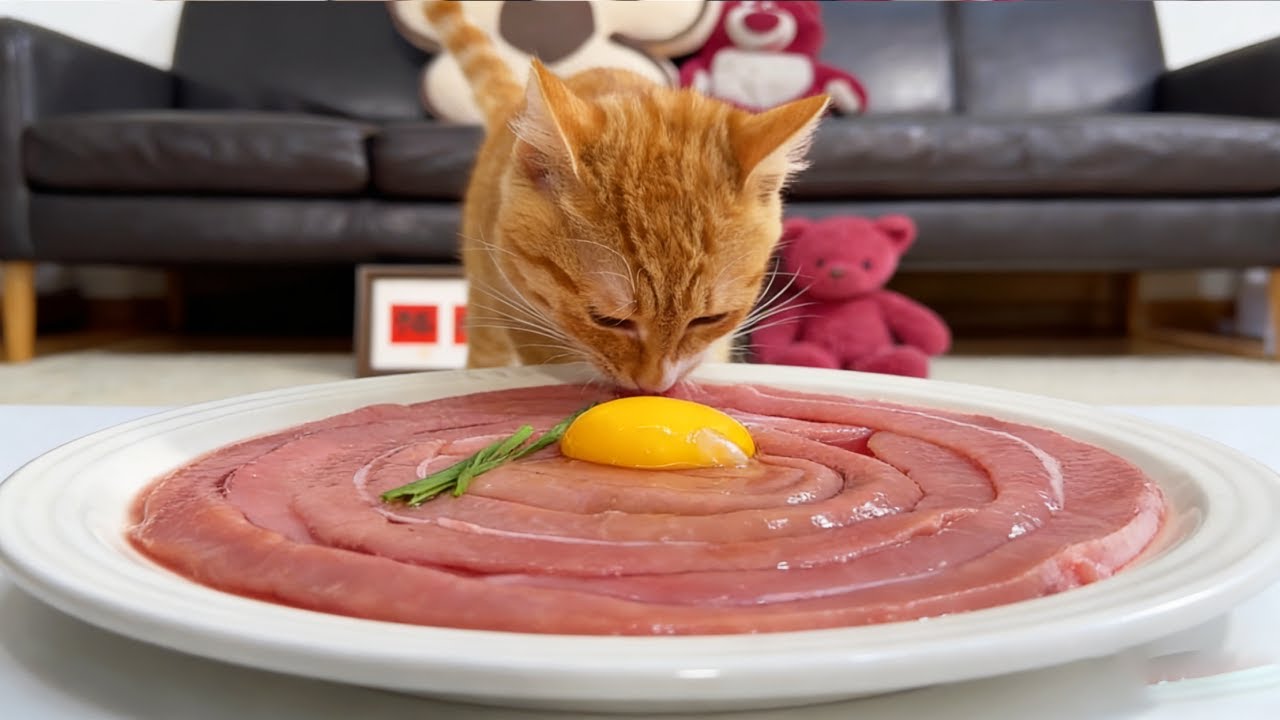 Kitty’s Healthy Meal Time 😻 So Adorable While Having Raw Meat Feast 
