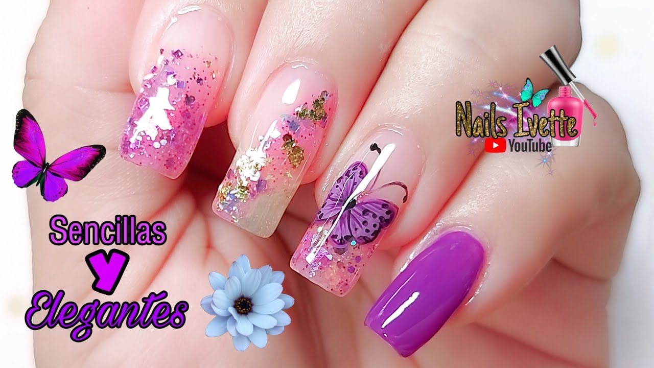 Decoración de uñas sencillas y delicadas en tono morado y rosa / uñas  elegantes con mucho glitters - YouTube