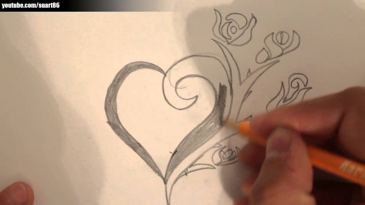 How to draw a heart with a rose - YouTube