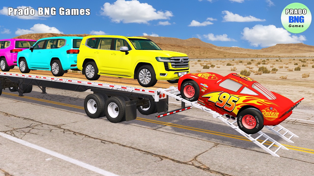Toyota, Mercedes, Tractor, and Man Flatbed Truck vs Train – BeamNG.drive 466