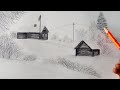 How to draw a snowfall landscape by pencil, winter season secenry drawing by only one pencil.