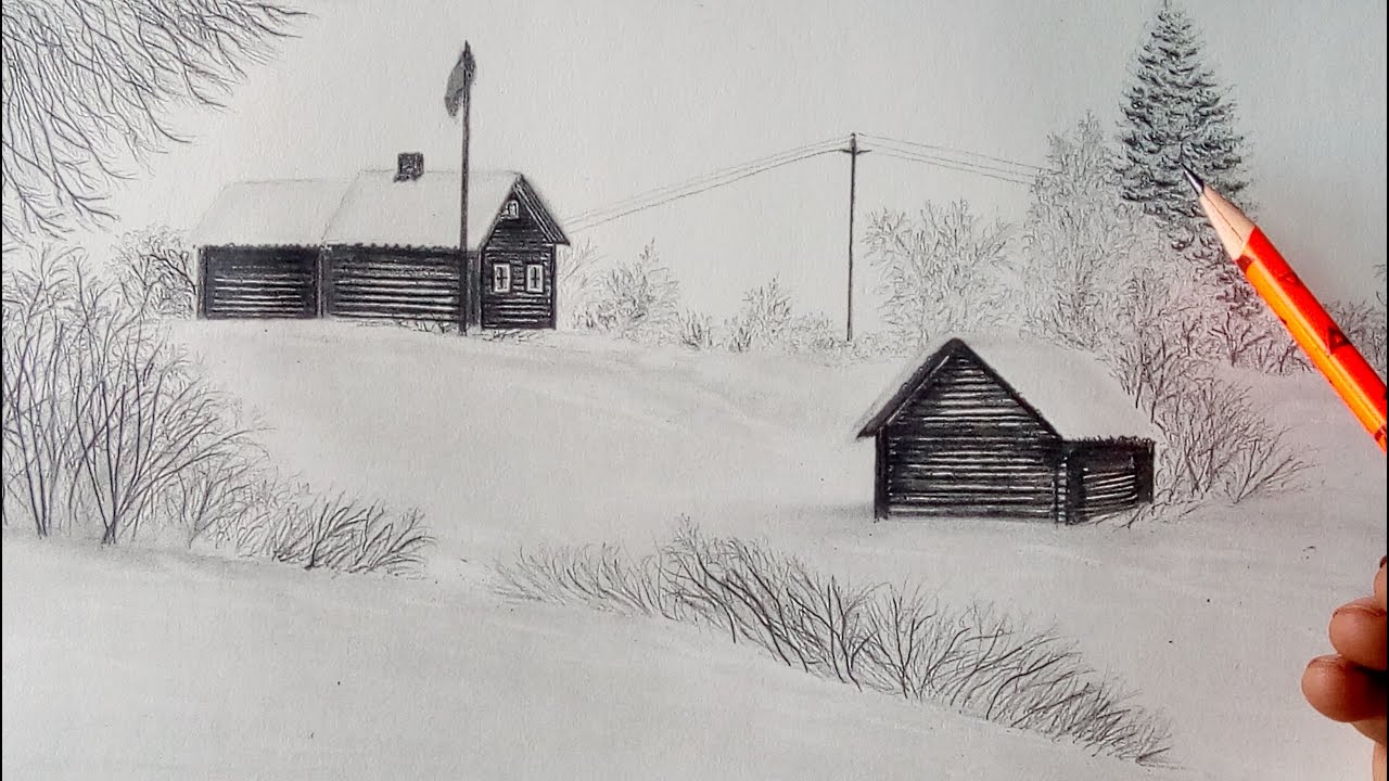 How to draw a snowfall landscape by pencil, winter season secenry