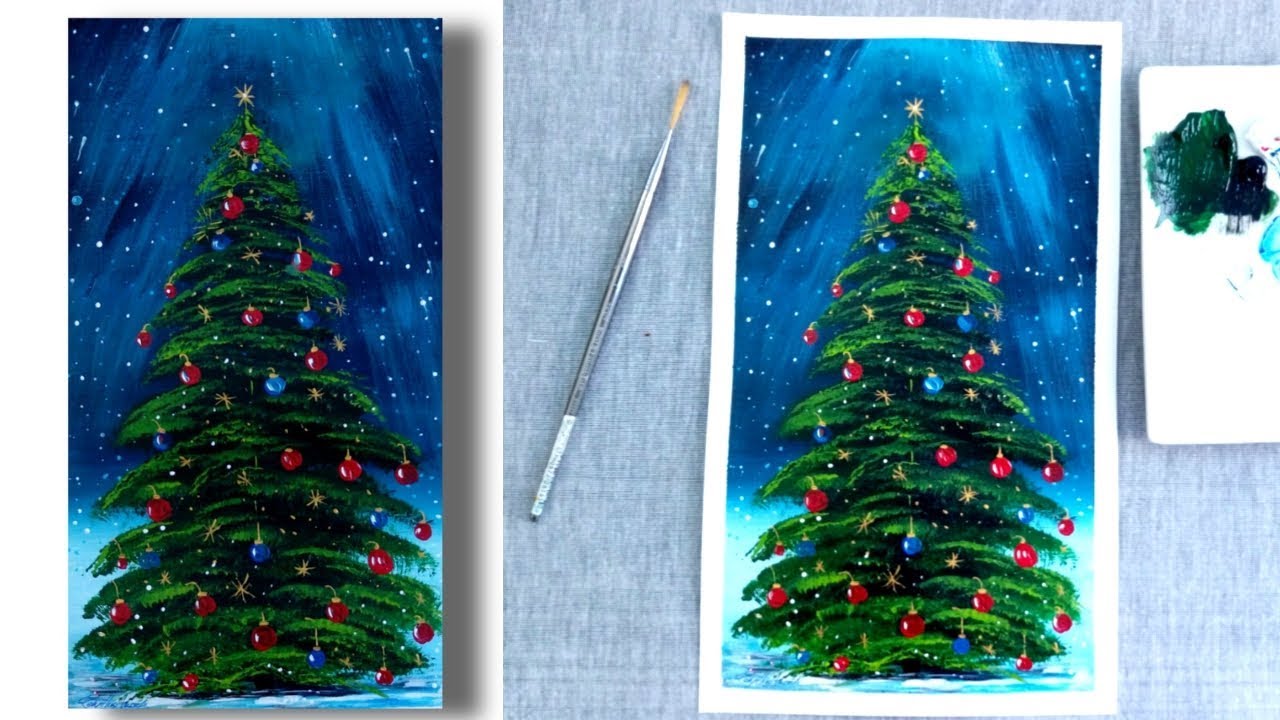 Christmas Tree Painting - Fan Brush Painting - Acrylics - Step by Step  Painting for Beginners