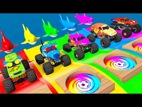 5 Monster Truck Vs SHARK With Slide Colors In BeamNG Drive 20 