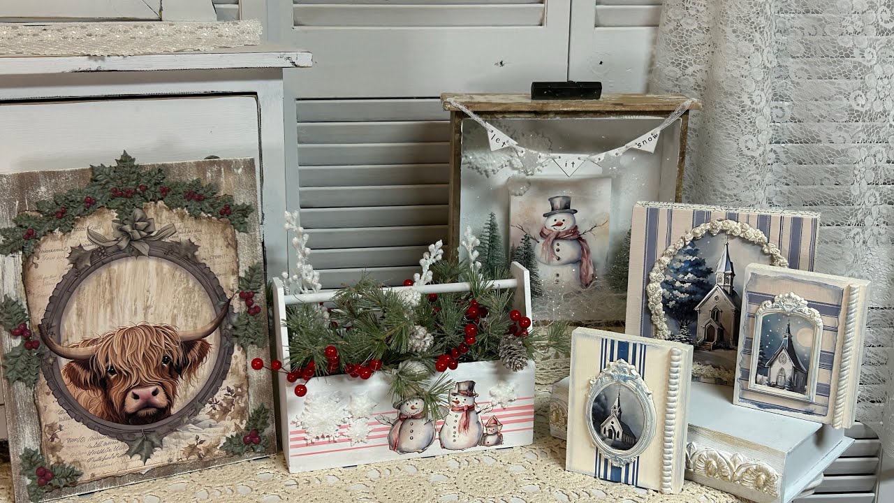 New Christmas Decoupage Papers on Shabby Chic, Cottage Core, Blues, and Rustic Farmhouse Projects
