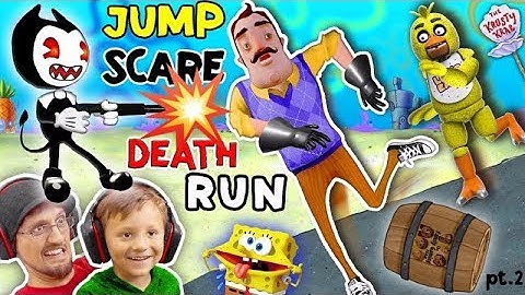 HELLO NEIGHBOR SPONGEBOB DEATHRUN vs. BENDY & THE INK MACHINE! Krusty Krab FNAF Jump Scares 4 FGTEEV