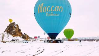 Hot Air Balloons flying over Cappadocia in Winter By Turquaz Balloons