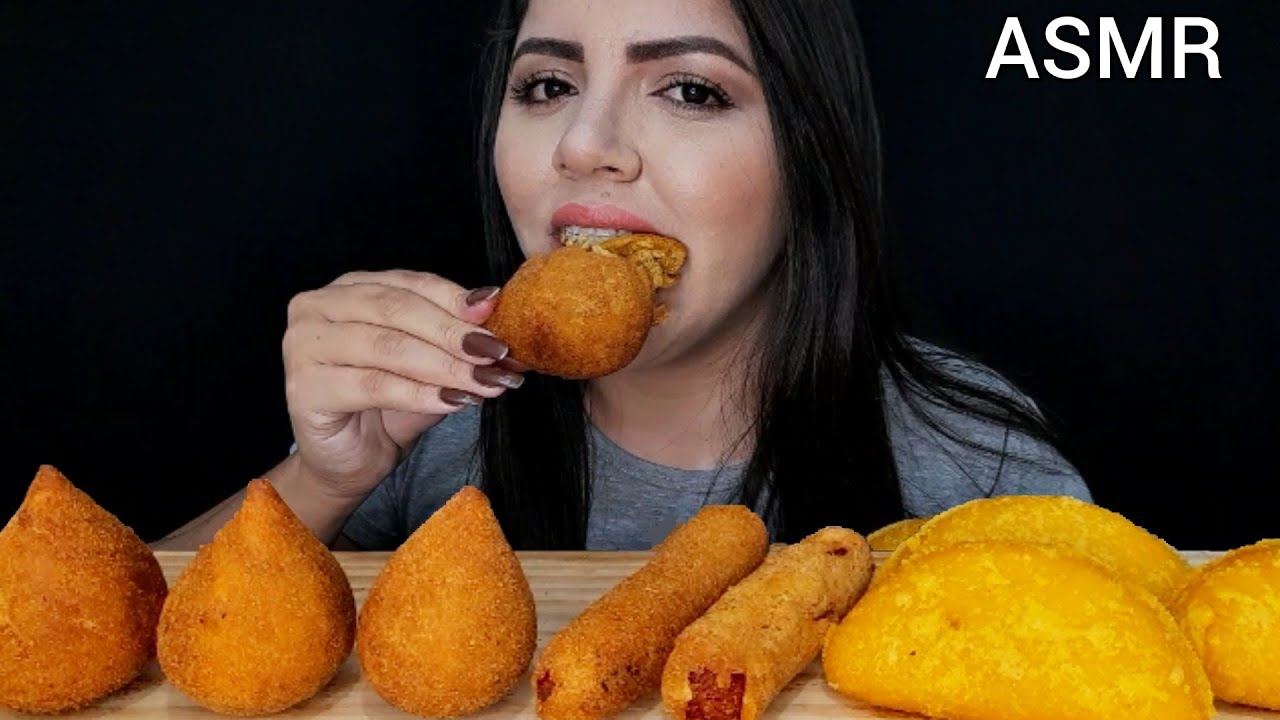 ASMR COMIDA - COXINHA, ENROLADINHO DE SALSICHA É PASTELÃO DE CARNE (MUKBANG) SONS DE MASTIGAÇÃO