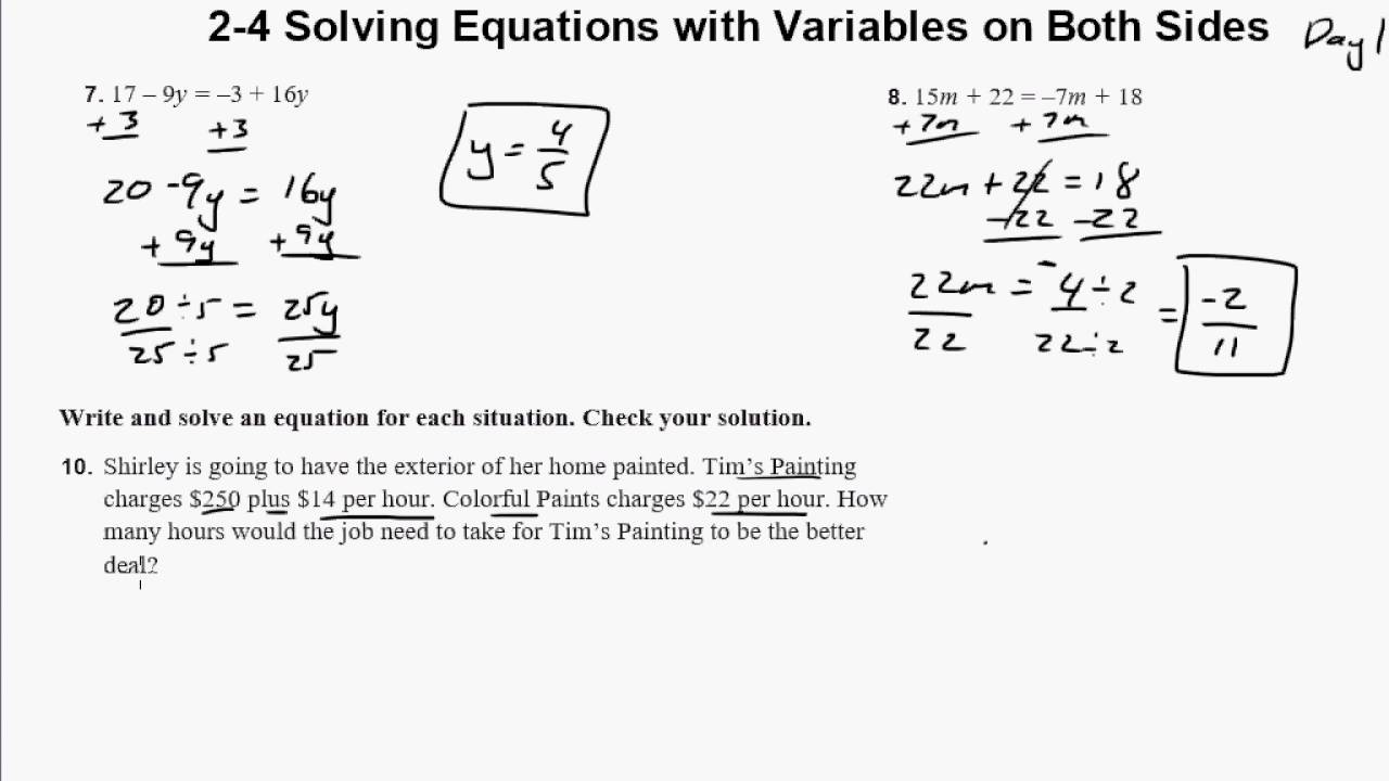 2 4 Solving Equations with Variables on Both Sides Day 1 - YouTube