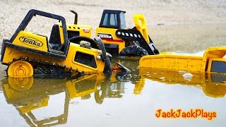 Construction Truck Pretend Play in the Mud! Toy Bulldozers and Diggers for Kids | JackJackPlays