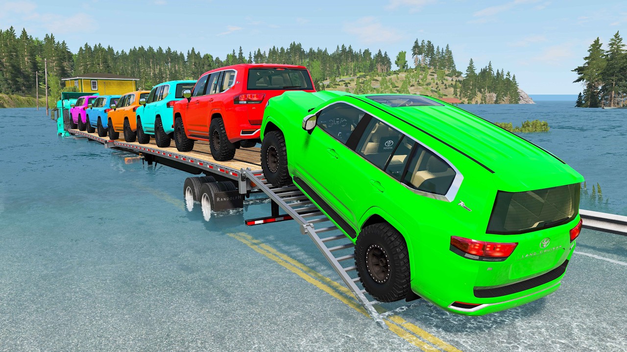 Triple Flatbed Trailer McQueen Transportation with Truck - Speedbumps vs Cars vs Train - BeamNG #19