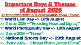 Days and Themes in August 2026 | Important Days with Themes of August | Important Days of 2026 |