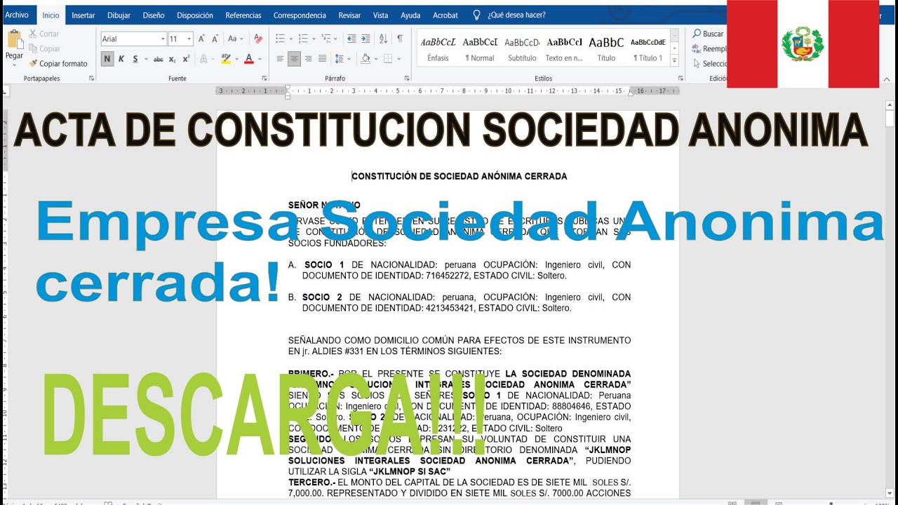 Acta de constitucion de empresa SOCIEDAD ANONIMA CERRADA Modelo word -  YouTube