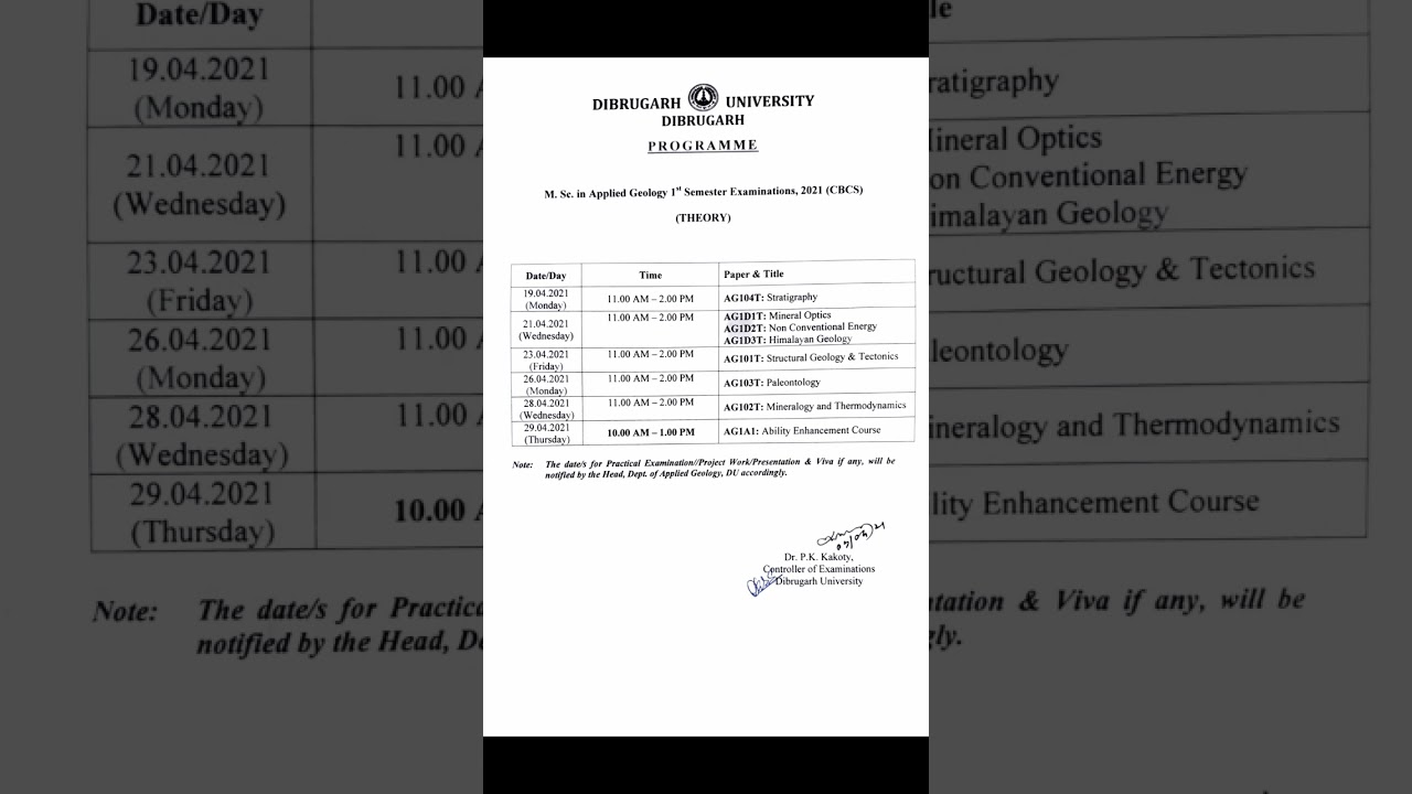 M.Sc. in Applied Geology 1st & 3rd Semester (Regular/ Backlog) Examinations (CBCS) Routine
