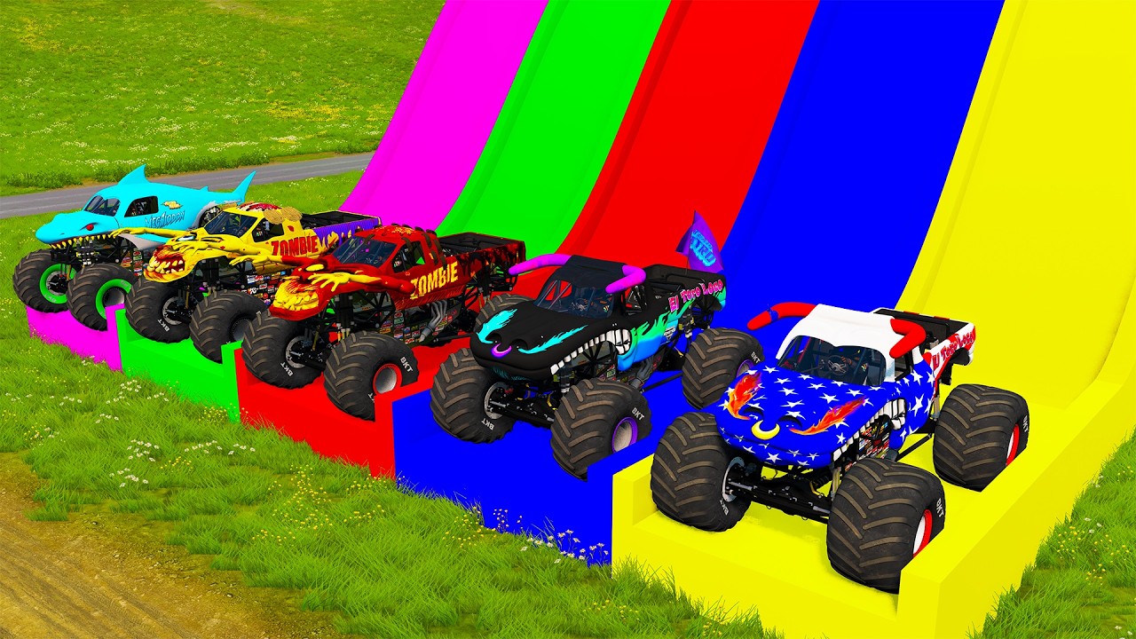 Double Flatbed Trailer Monster Trucks Transport with Slide Color - Cars vs Speed bump - BeamNG #125