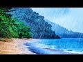 Rain on beach white noise  tropical rainstorm  ocean waves sounds for sleep studying relaxation