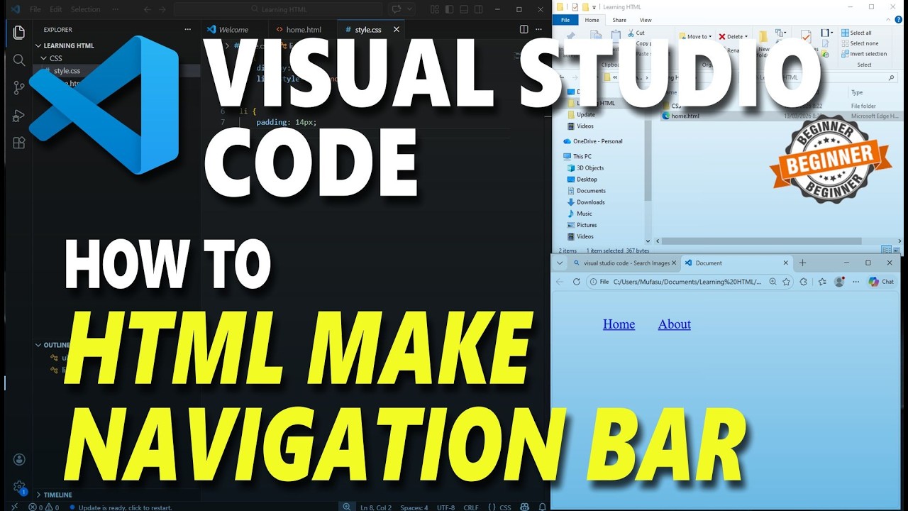 Visual Studio Code HTML How To Make Navigation Bar - YouTube