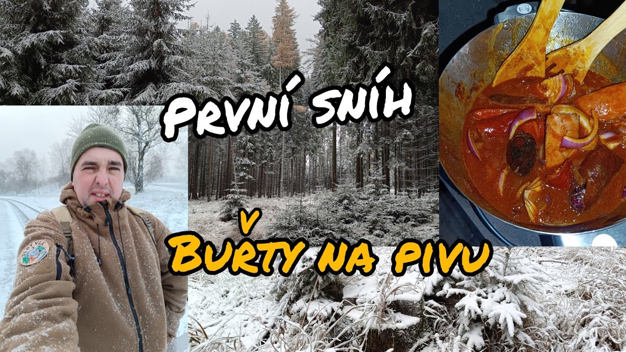Zimní les, první letošní sníh ❄️ dal jsem se opět do vaření - buřty na pivu 🍺