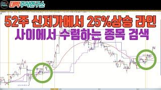 52주 신저가에서 25%상승 라인 사이에서 수렴하는 종목 검색/신호화살표+조건검색식