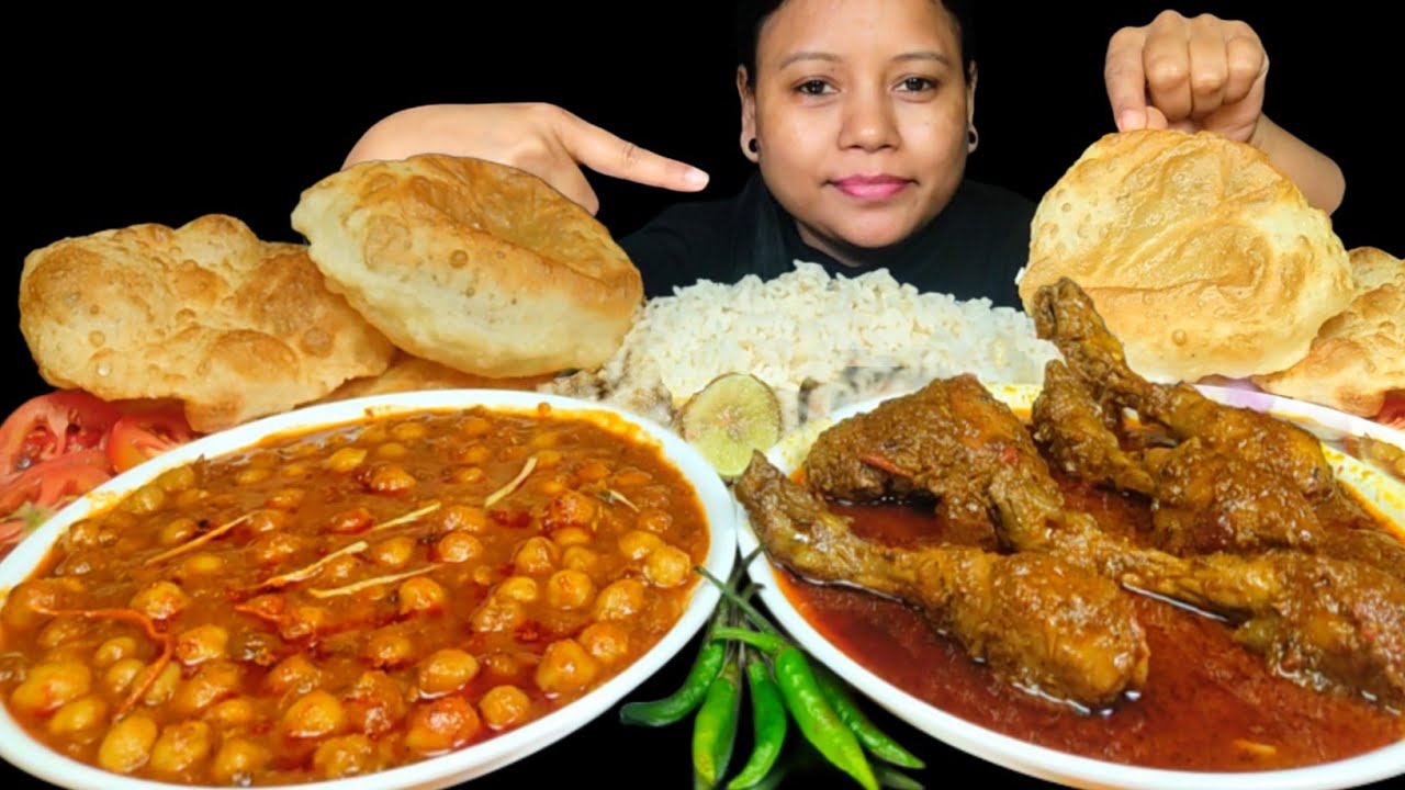 ASMR EATING CHOLE BHUTURE AND SPICY KALA BHUNA DESI CHICKEN CURRY WITH RICE MUKBANG