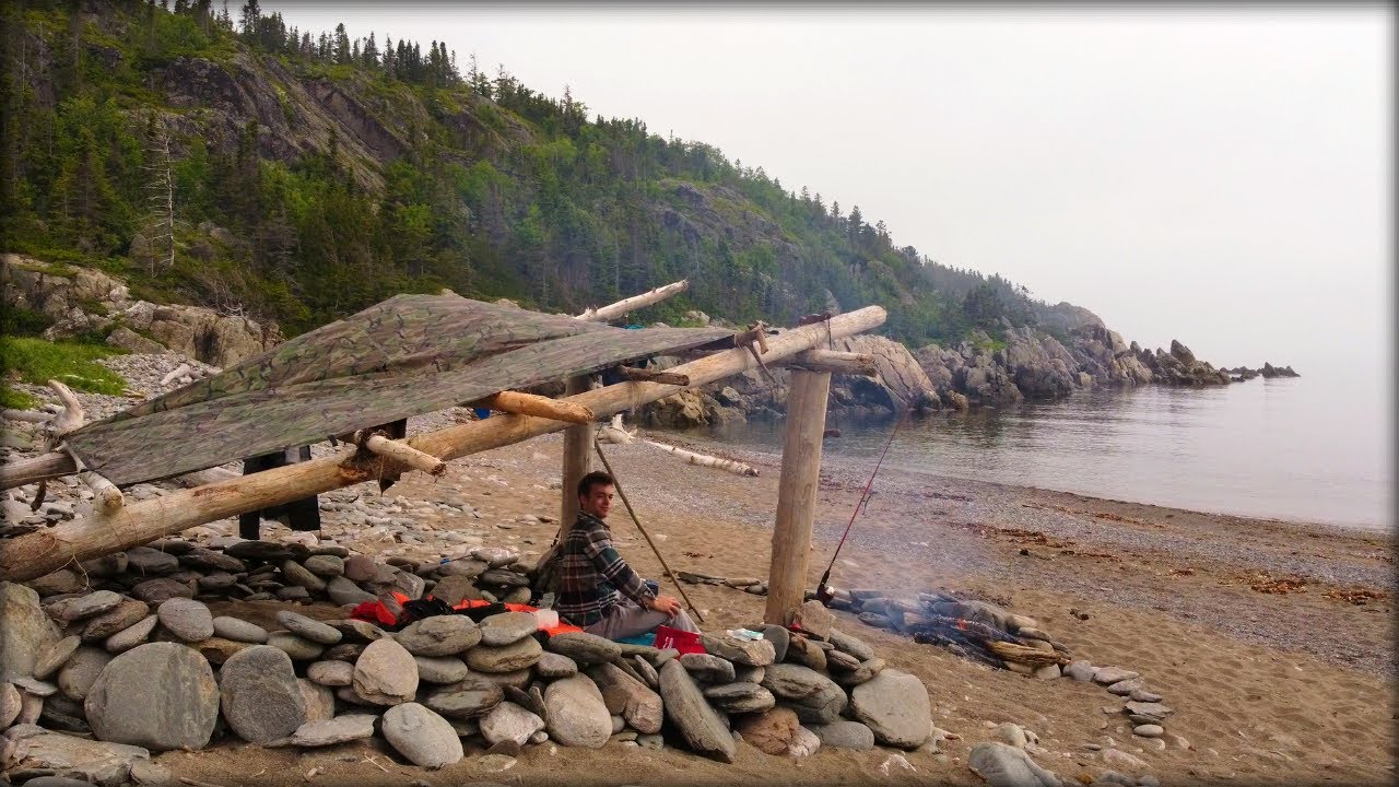 CAMPING in a Survival BUSHCRAFT SHELTER on the Beach - CATCH & COOK - Beautiful Ocean Side View!
