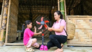 Harvest bananas to sell to the store - daughter receives new sandals - buys a fan to take home