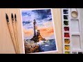 Watercolor painting of beautiful seaside landscape scenery easy