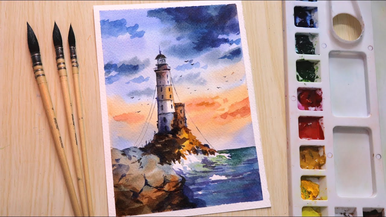 Watercolor painting of beautiful seaside landscape scenery easy