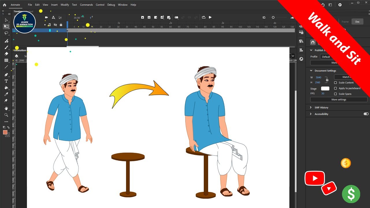 Adobe Animate CC 2025 Walk and sit on the chair Animation | 2D ...