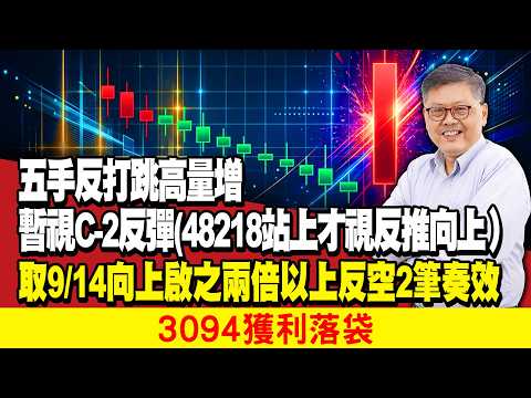 五手反打跳高量增暫視C-2反彈（48218站上才視反推向上） 取9/14向上啟之兩倍以上反空2筆奏效3094獲利落袋 | 國家寶藏 林國寶分析師