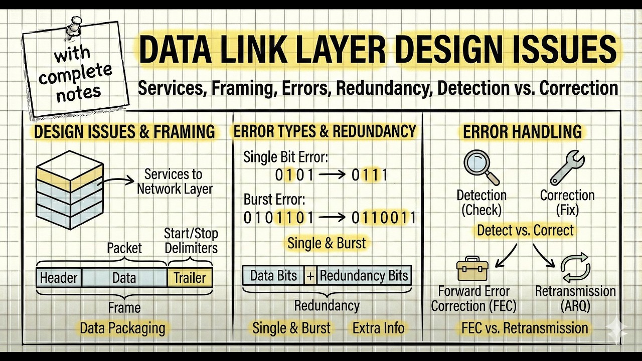 Design Issues: Services to Network Layer, Framing. Types of errors: Single bit error &  more errors,