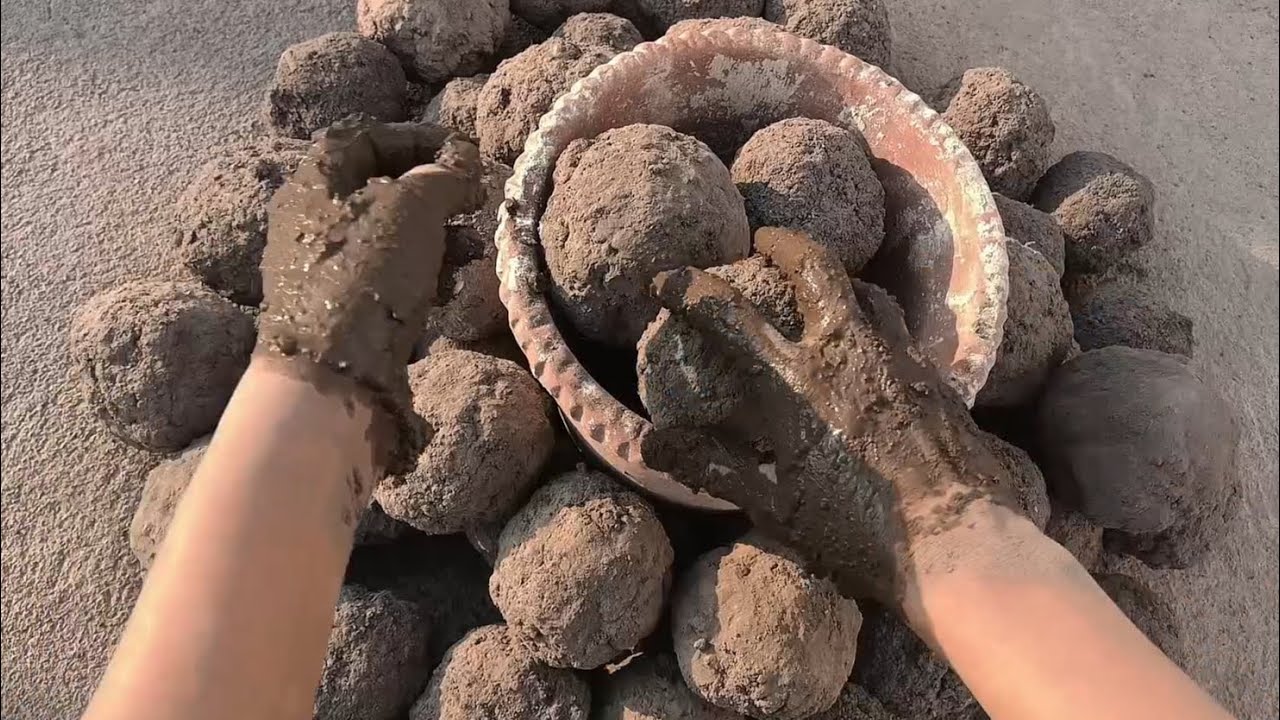 Grainy sand cement blocks crumble in claypot satisfying// ASMR 