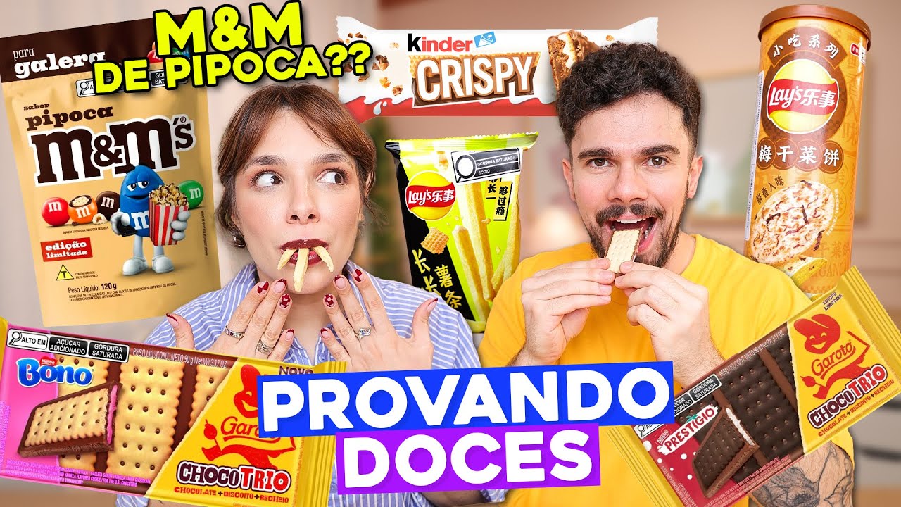PROVANDO DOCES NOVIDADES | M&M de Pipoca, Kinder Crispy, Batata de panqueca, Chocotrio de Prestigio