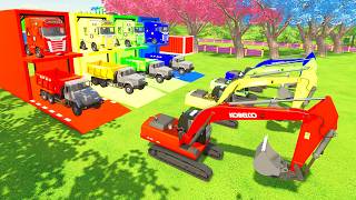 Colorful truck - ALL COLORFUL KAMAZ DUMP TRUCK, KOBELCO EXCAVATOR TRANSPORTING AND PARKING TO GARAGE