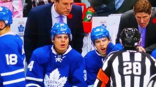 Toronto maple leafs auston matthews and mitch marner singing along to
bon jovi's livin' on a prayer during game.