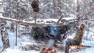 Bushcraft WINTER Trip in SNOW | Build Camping Chair | Camp Cooking on Rock at Survival Shelter ASMR