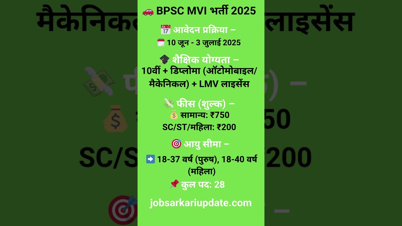 🚨 BPSC MVI 2025: 28 Posts LIVE! Apply Before 3rd July | Full Details 