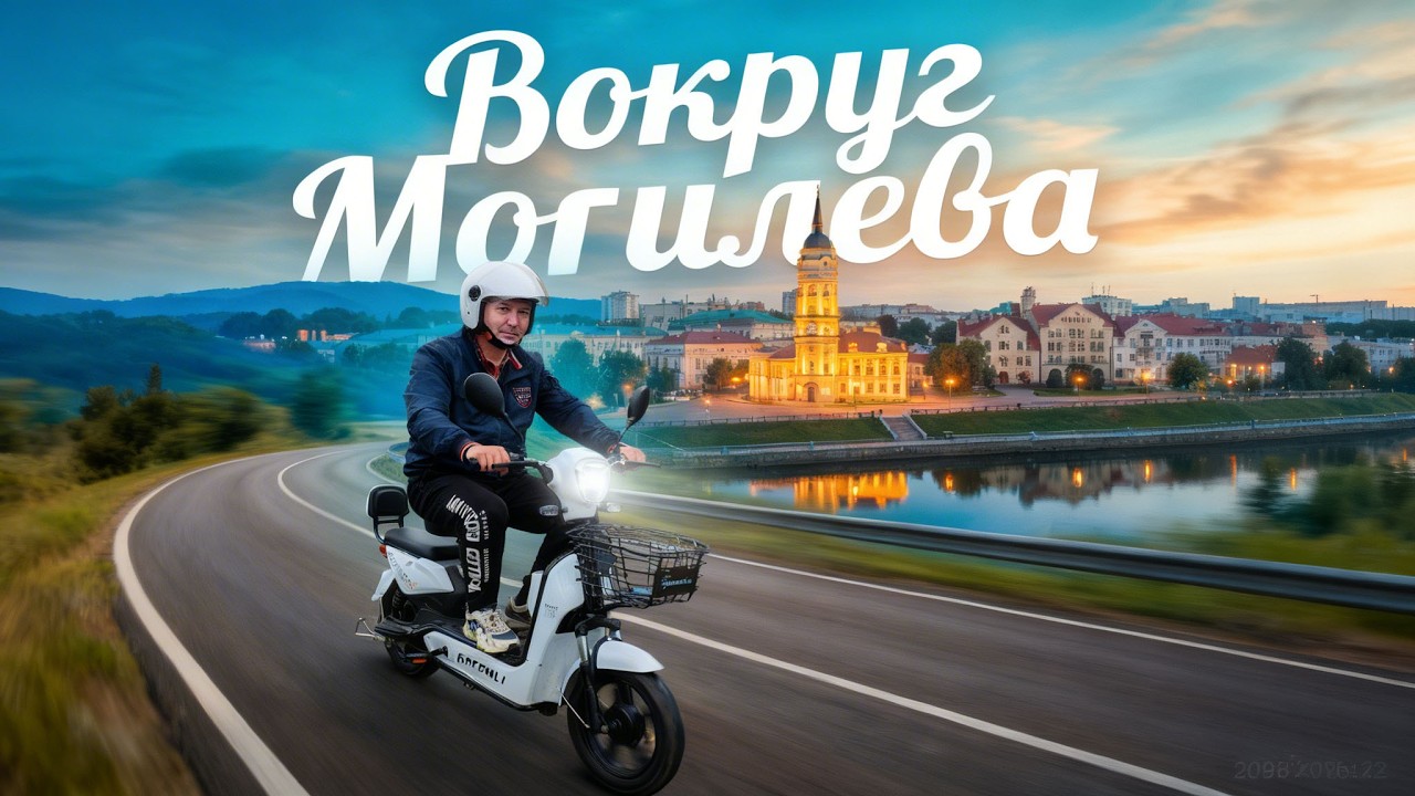 Вокруг Могилёва едет вокруг Могилёва на электровелосипеде/электроскутере.