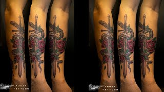 SWORD SNAKE AND FLOWER TATTOO DONE BY !  YOUTA TATTOOS !  colour tattoo