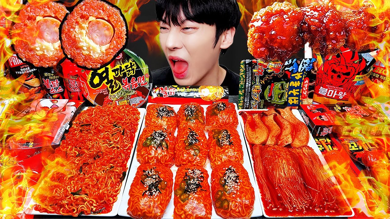ASMR MUKBANG| острый челлендж!!! Оладьи с огненной лапшой, курицей, сосисками.