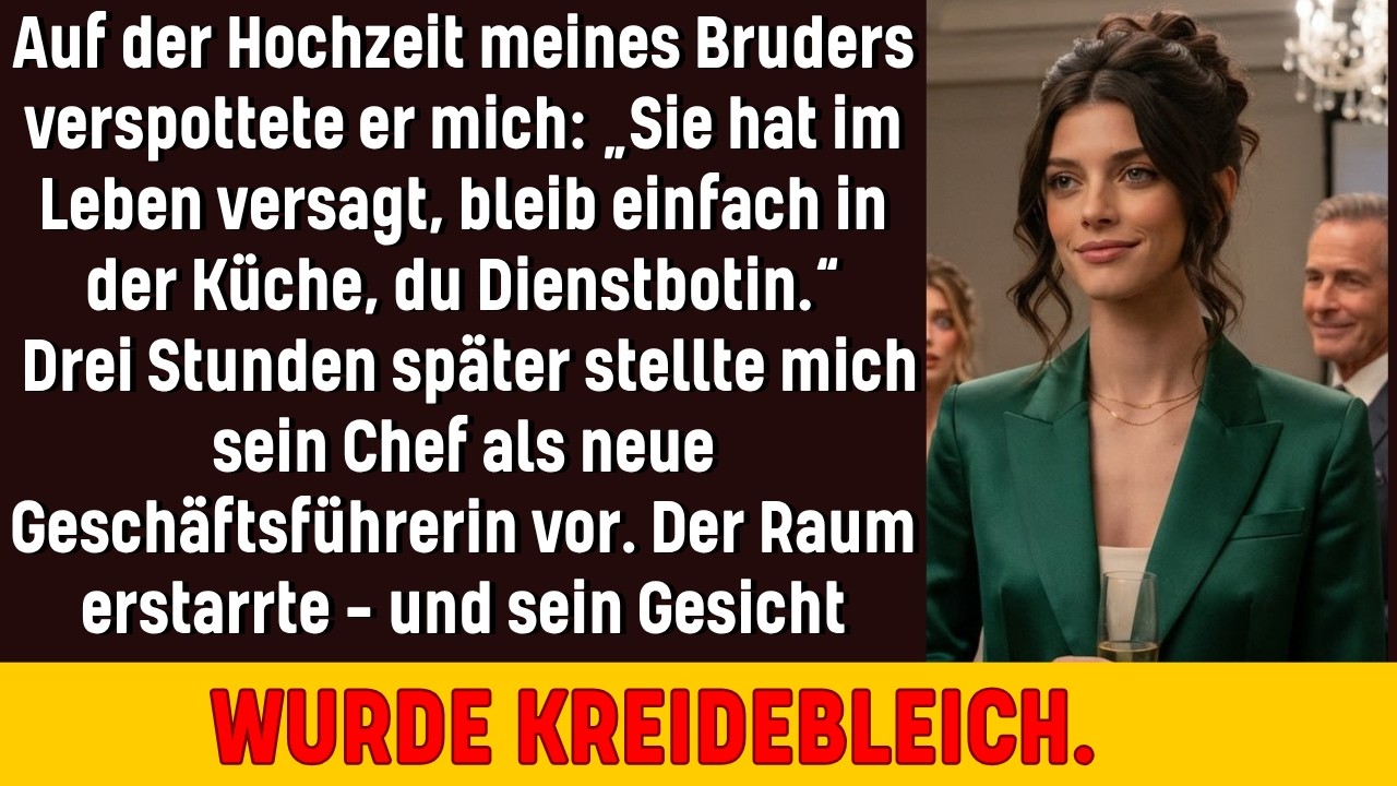 Mein Bruder stand vor der versammelten Hochzeitsgesellschaft und verkündete laut, dass ich im Leben versagt hätte und in der Küche bleiben sollte, wo ich hingehöre. Ich stand da mit einem Tablett...