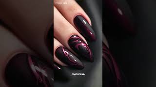 winter black matte texture simple crimson lines fake nails #bohostyle #nails #floraldress