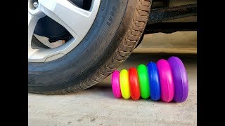Crushing Crunchy & Soft Things by Car! - EXPERIMENT: RAINBOW TOWER RING VS CAR screenshot 4