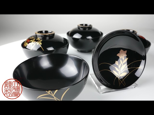 超限定21日20 時迄‼️かろやかJAPAN時代蒔絵 豪華四君子富士山形吸物椀5客 断文 時代 内朱外黒富士形 花籠梅文蒔絵 蓋付吸物椀 3客セット