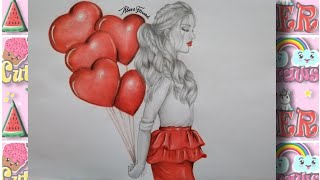 رسم سهل | تعليم رسم بنت مع بالونات قلوب حمراء خطوة بخطوة