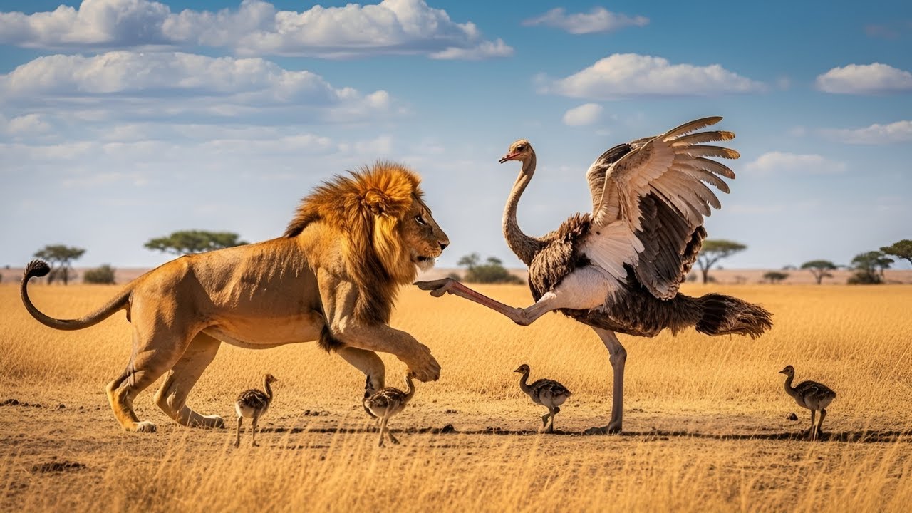 Lion Hunts Ostrich Chicks: Dry Savannah Survival Story