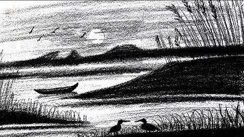 Amazing Charcoal Landscape Drawing | Sunset Scenery with Birds & Boat | Relaxing Black & White Art