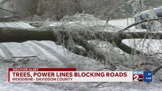 Trees, power lines blocking roads in Woodbine