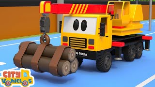 Construction vehicle change new wheels to pass barrier  Tractor, dump truck and bulldozer for Kids