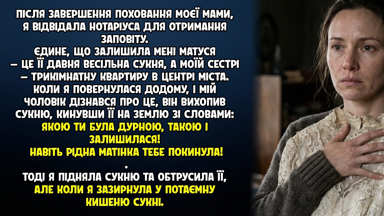 Мама залишила сестрі квартиру, а мені   стару сукню  Але я знайшла дещо...